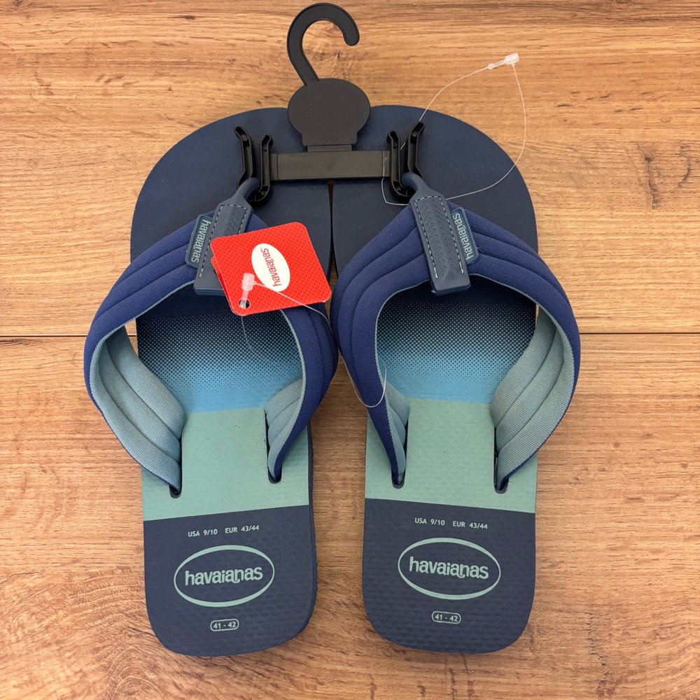 NEW HAVAIANAS Urban Print Flip Flops Navy Blue Stripe Men Size 9/10 Padded Strap